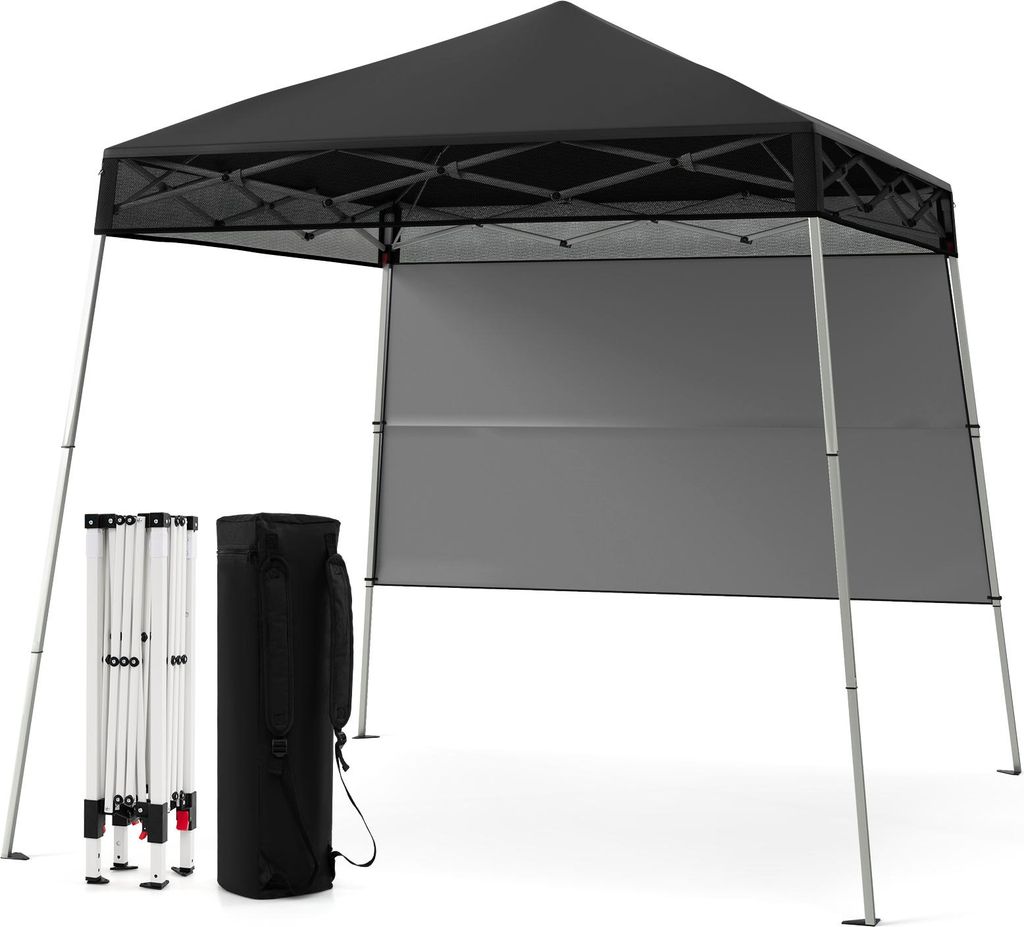 A pop-up canopy tent with a side wall, shown with its folded frame and carrying bag.