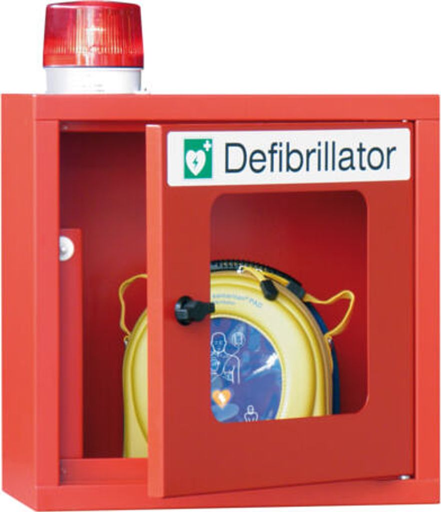 Defibrillatorenschrank mit akustischem und optischem Alarm - 490x400x220 mm (HxBxT) - Sichtfenster - reinweiß/tiefschwarz