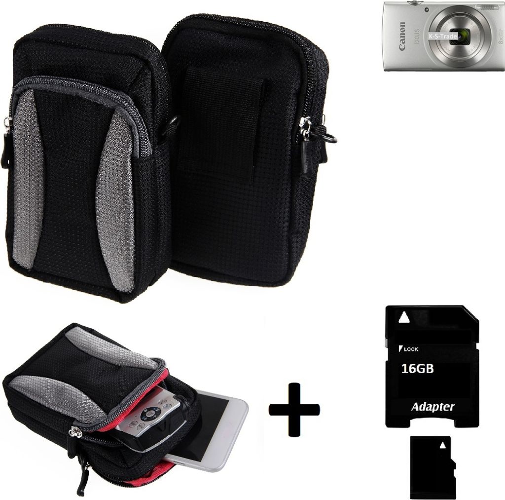 Kompatibel mit Canon IXUS 185 Gürtel Tasche Holster Umhänge Tasche Fototasche Schutz Hülle schwarz-grau + Extrafach K-S-Trade
