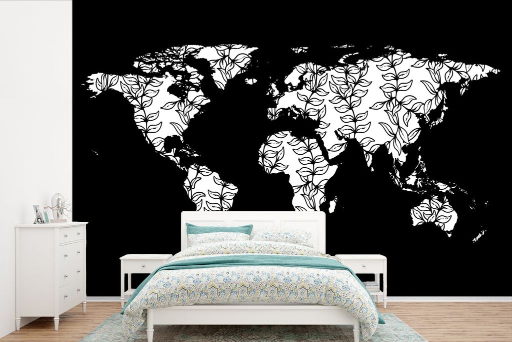 MuchoWow Fototapete für Wohnzimmer oder Schlafzimmer Wandtapete Vinyl Motivtapete Weltkarte - Schwarz - Weiß - Blätter - 330x220 cm - Fototapeten