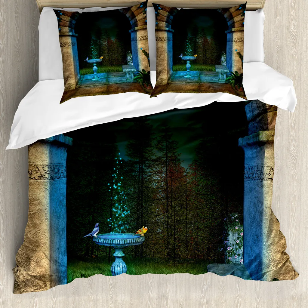 ABAKUHAUS Copripiumino gotico, Bosco incantato scuro, Antiacaro, Adatto a chi soffre di allergie, con federe, 155 cm x 220 cm - 80 x 80 cm, Blu, Grigio, Verde