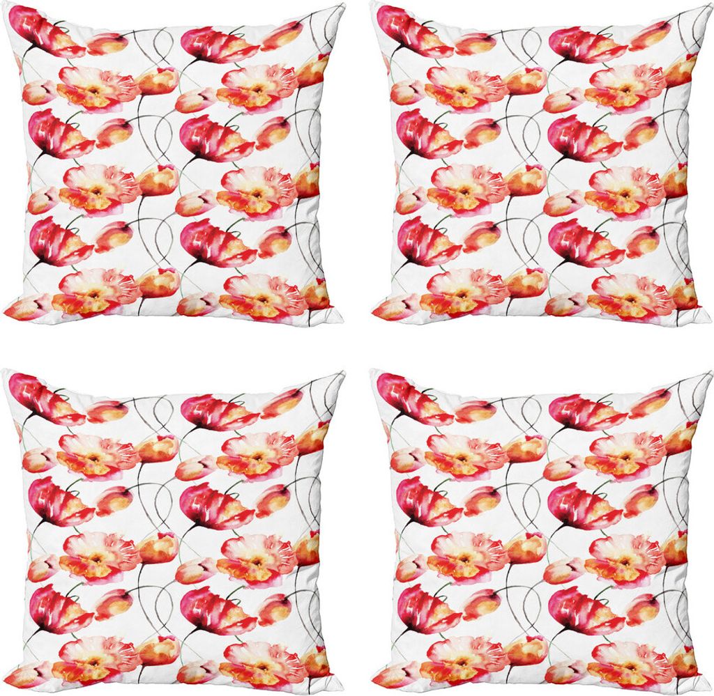 ABAKUHAUS Aquarell-Blumen Kissenbezug Set (4 Stück), Poppy Tulip Flora, Moderner Doppelseitiger Digitaldruck, 40 cm x 40 cm, Rot Weiß Orange