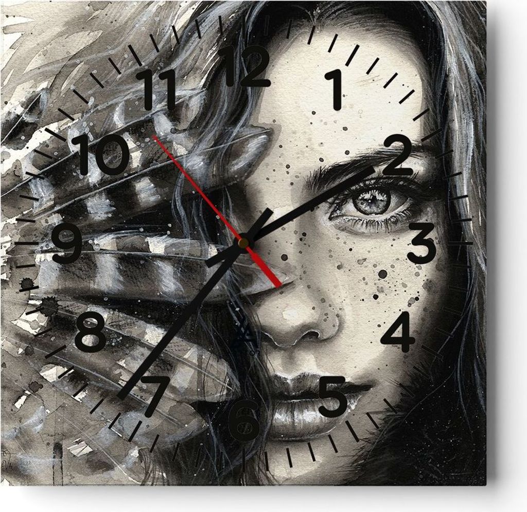 Wanduhr - Quadrat - Glasuhr - Frau Federn Lippen Kunst. - 30x30cm - Schleichendes Uhrwerk - Lautlos - zum Aufhängen bereit - Dekoration Modern - W...