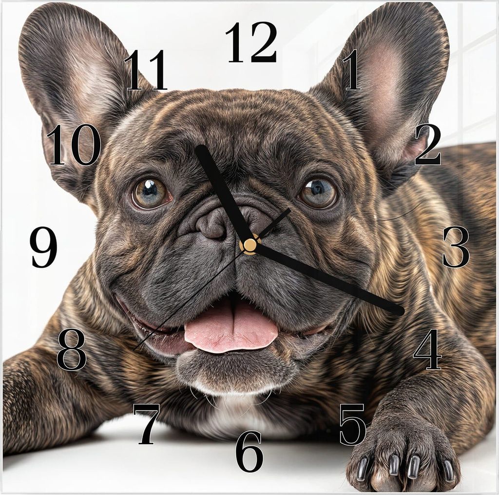 Wanduhr aus Glas mit Motiv Französische Bulldogge- 30 x 30 cm - inkl. Aufhängesystem