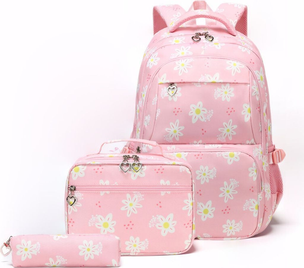 (Rosa)Schulrucksack 3 Teile Set Wasserdicht Schultasche Verschleißfest Schulranzen Kratzfest mit Isolierte Mahlzeittasche Mäppchen Rucksäcke...
