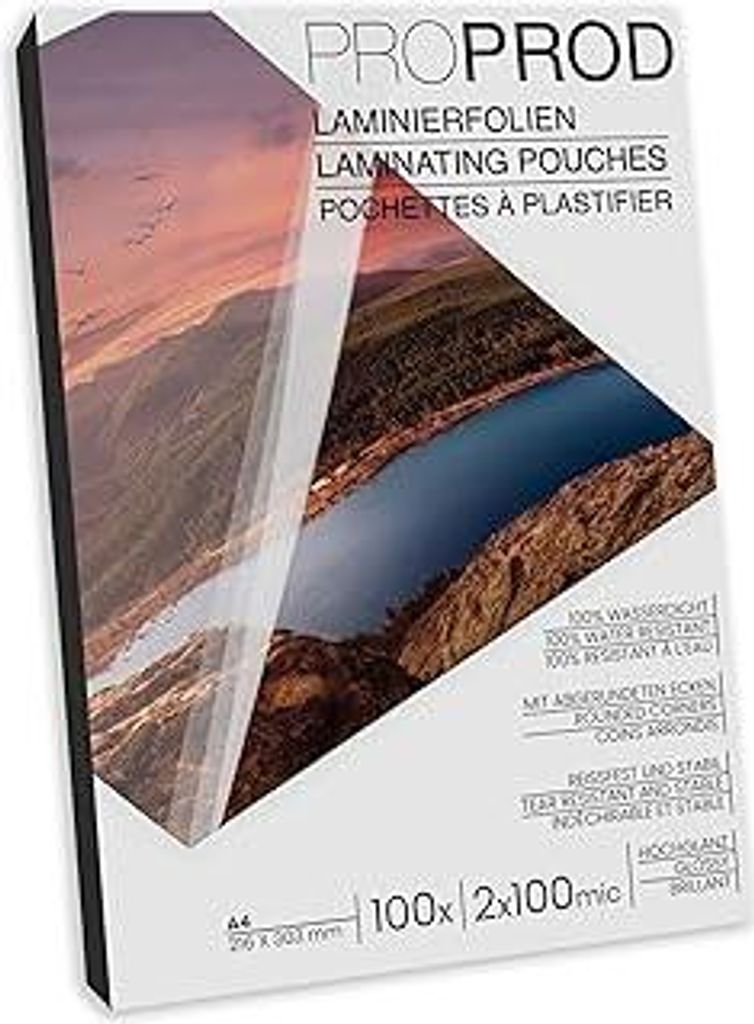 ProProd Premium Laminierfolien, 100 Stück, A4, 2 x 100 Mikrometer (200mic), hochglanz, Die Verpackung kann variieren