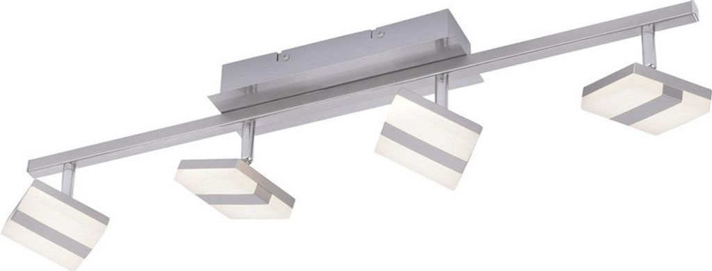 A silver track light fixture with four square, white LED lights with silver accents.