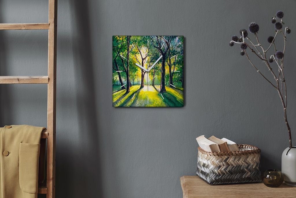 Coloray Hodiny Unikátní 30x30 cm Tiché hodiny Pro obývací pokoj a kuchyň Nástěnné hodiny Plátno Bílé ručičky hodin - Les listy slunce