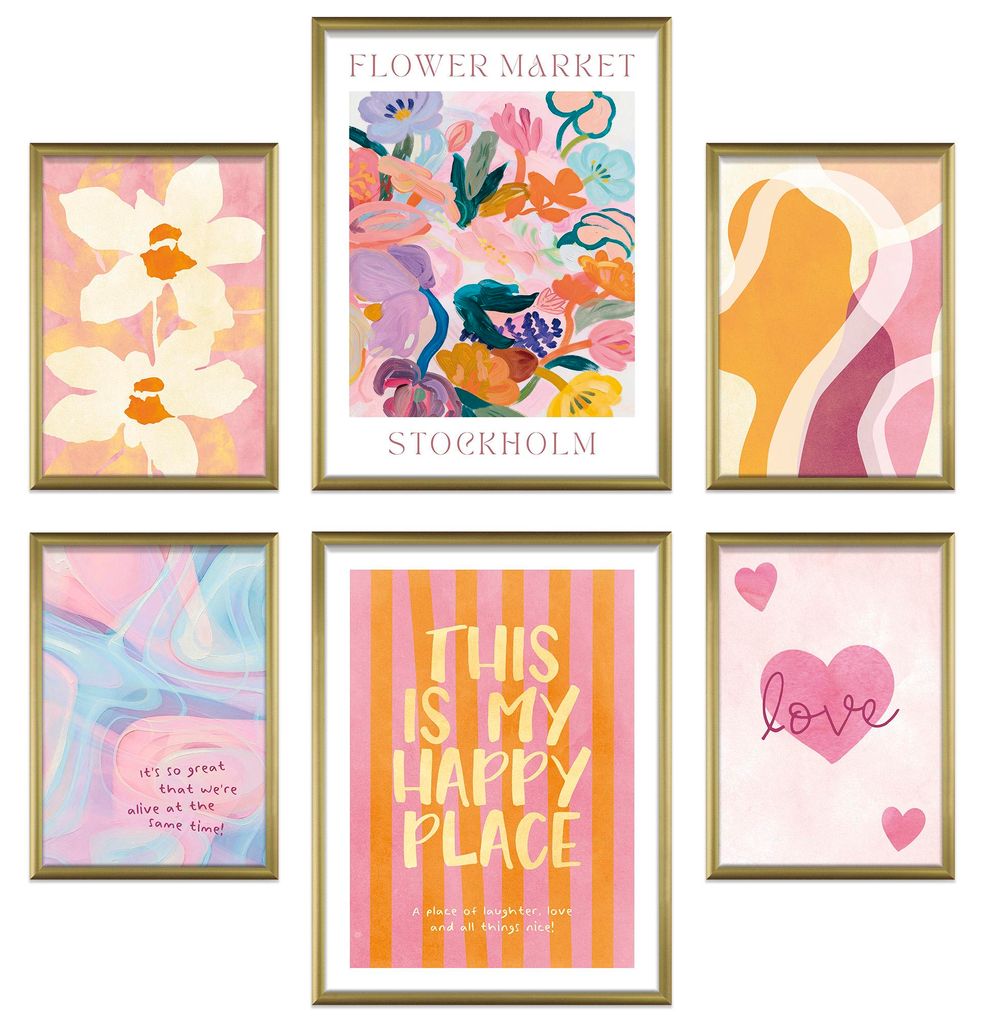 ARTFAVES Poster Set - Abstract Dopamine Art I mehrteilige Bilderwand für Wohnzimmer, Schlafzimmer I Wandbilder Abstrakte-Kunst I mit Rahmen Gold