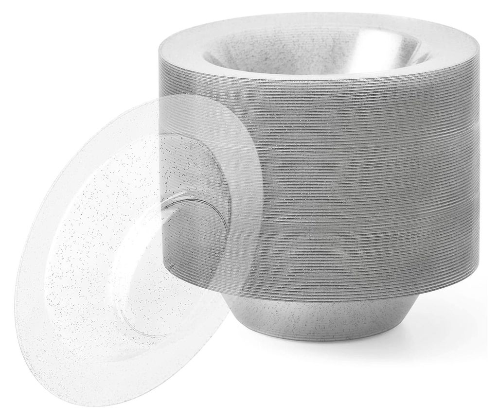25 Klare Plastikschalen mit Silberglitzer, Suppenteller, Suppenschalen (360ml) - Suppenschüssel für Hochzeiten, Geburtstage, Taufen, Weihnachten,...