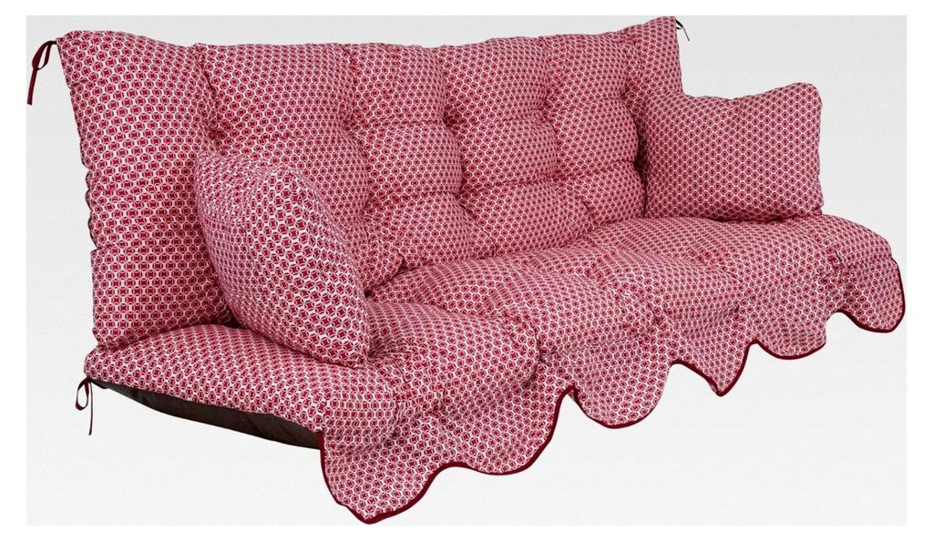 Hollywoodschaukel Auflage 170x50 rot weiß Bora mit Rückenlehne und 2 Seitenkissen, gesteppt mit Volant