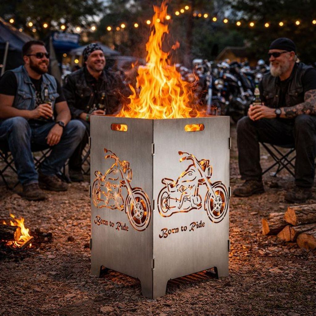 TiKo-Design Feuerkorb mit Chopper Motiv - Born to ride - 2 Fach Laserung, Zerlegbar, Gartendekoration, Feuerkorb & Sitzgelegenheit