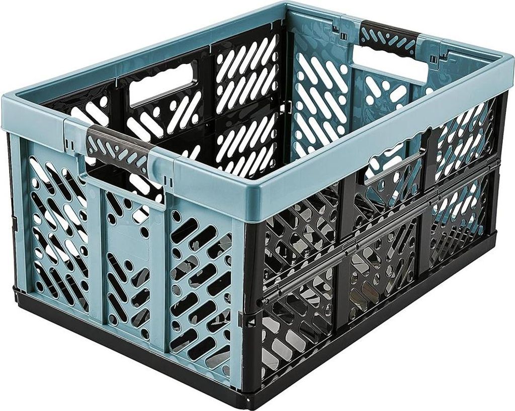 A blue and black folding storage crate.