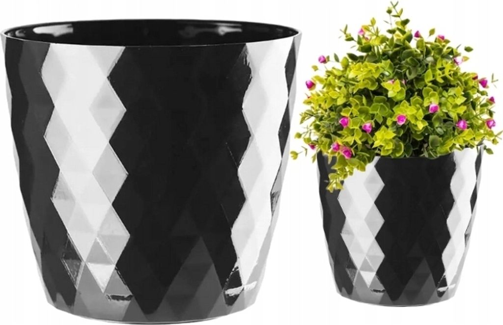 Blumentopf, Kunststoffüberzug CRISTAL 20 cm, schwarz glänzend, geometrisches Karomuster, Rauten, glänzend