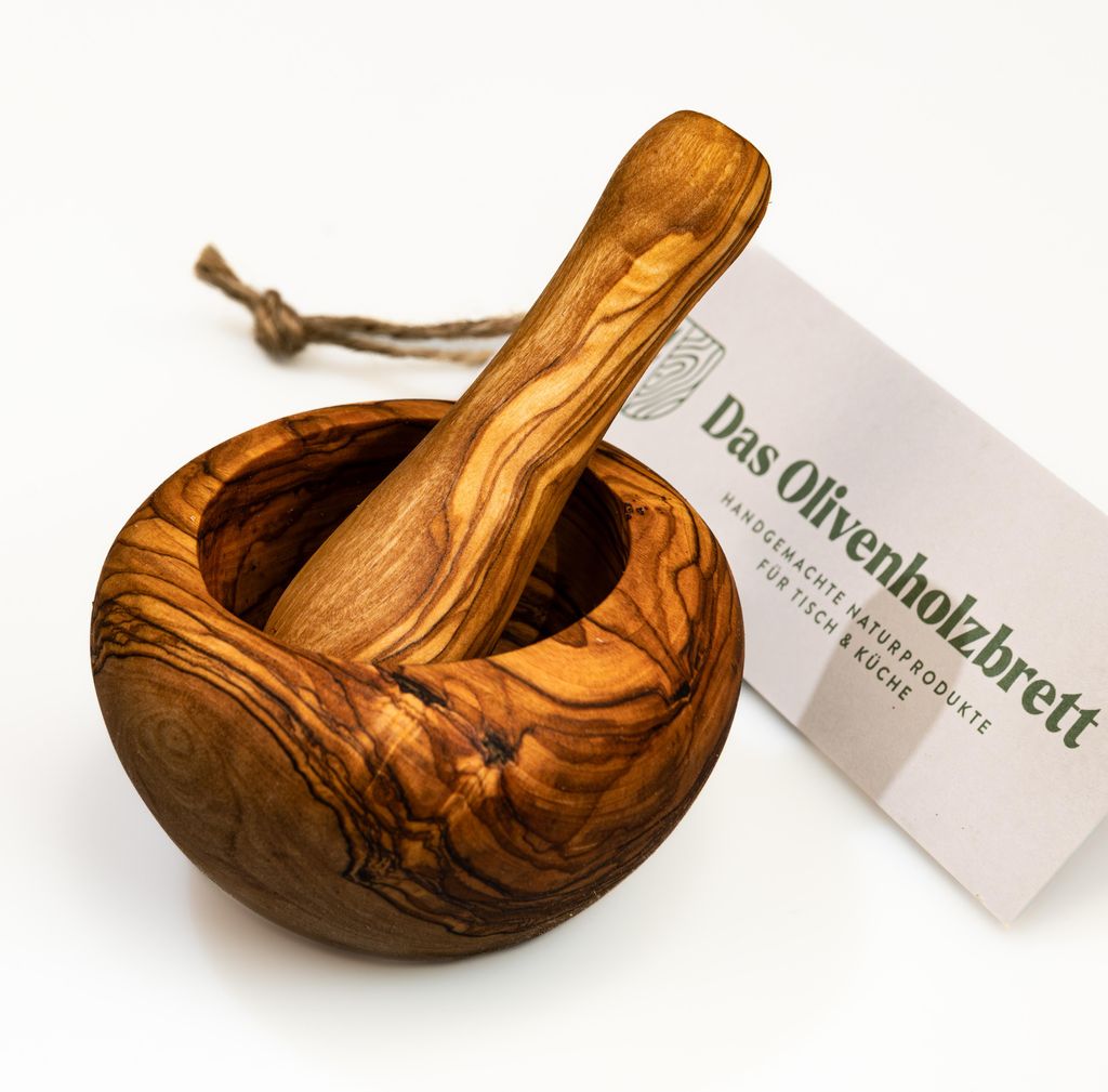 Mörser und Stößel aus Olivenholz mit rundem Rand 10 cm