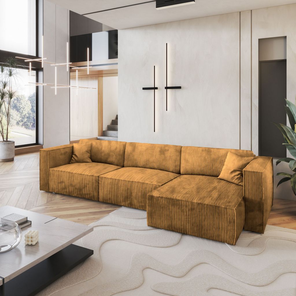 Masseno Ecksofa TOLMO P mit Schlaffunktion L-Form, Sofa mit Bettkasten, Wohnzimmersofa, Couch, Soffa, Bettsofa, Couchgarnitur- Gelb, POSO 01