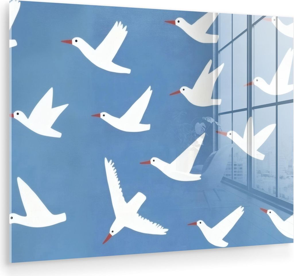 MuchoWow Glasbilder - Bilder auf Wandbild - Foto auf Glas Vögel - Weiß - Muster 40x30 cm Wanddekoration aus Glas - Acrylglasbild - Acrylbilder - ...