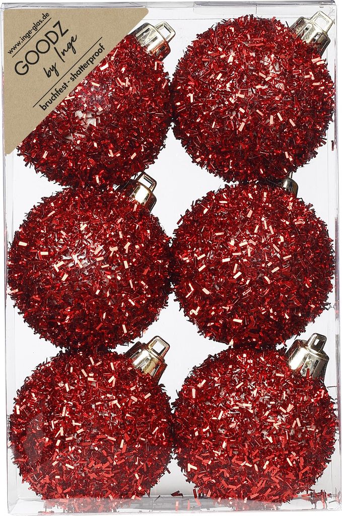 Weihnachtskugeln mit Lametta dekoriert Kunststoff 6cm Rot Produktbild 