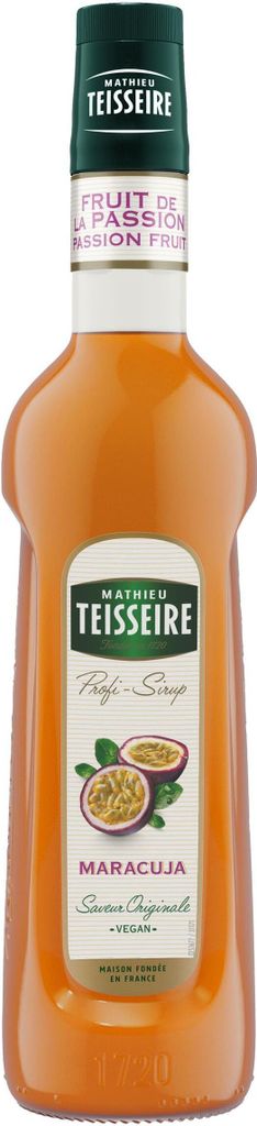 A bottle of passion fruit syrup on a white background.