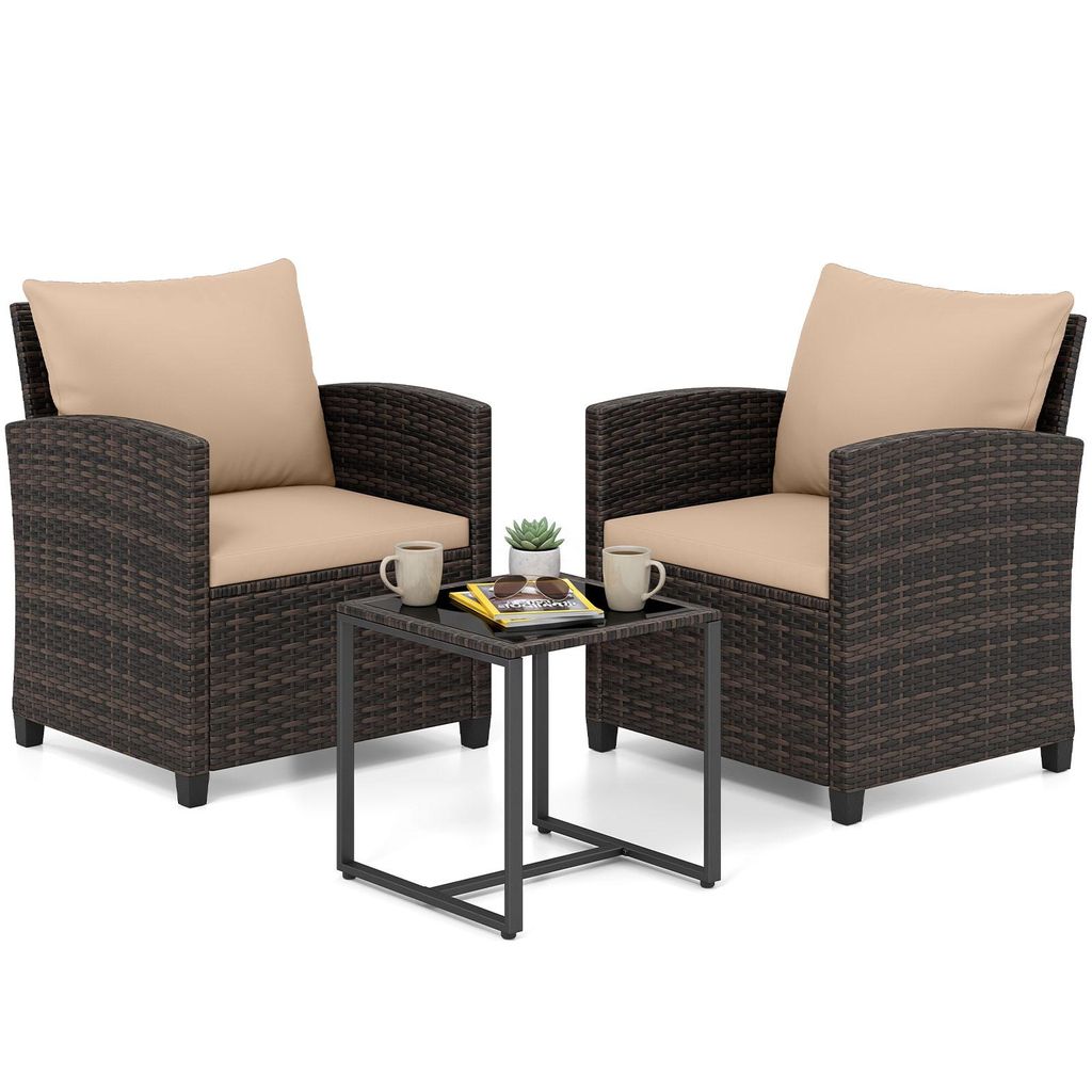 COSTWAY Gartenmöbel Set Polyrattan, Balkonmöbel inkl. 2 Stühle mit Kissen & Tisch aus Glas, Balkonset 2 Personen, Outdoor Sitzgruppe Braun-Khaki