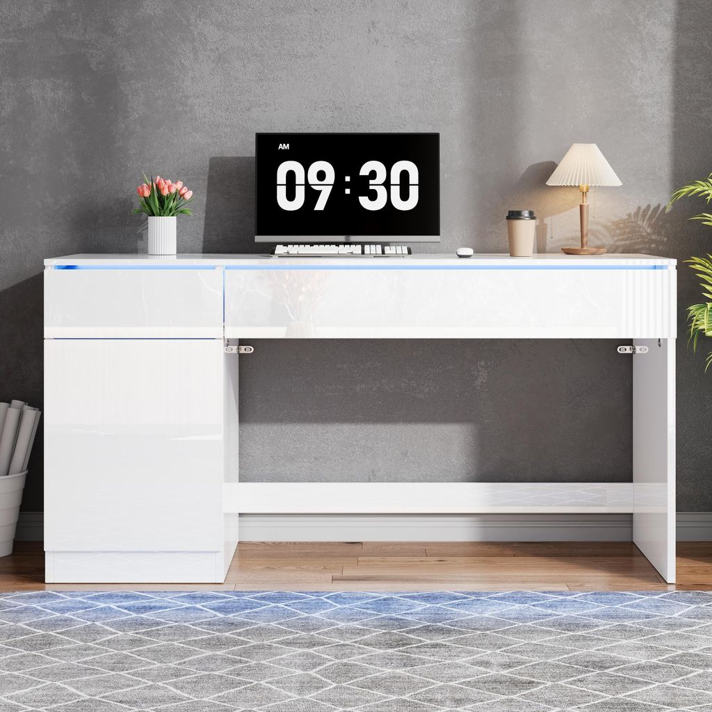 Bureau 120x50, met LED-verlichting, 2 lades, 1 deur, modern Productafbeelding 