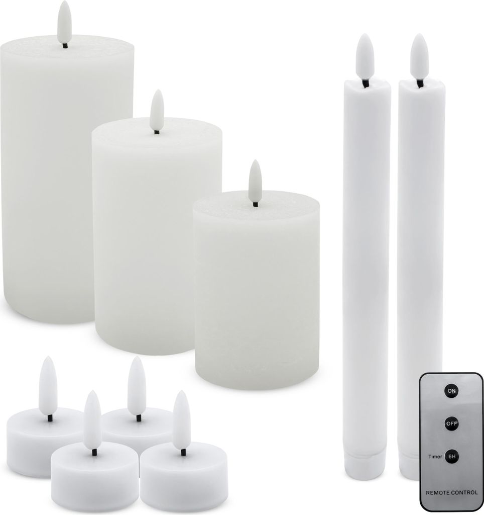 1.07 LED Kerzen Set - 9-teilig - Stumpenkerze, Stabkerzen und Teelichter mit Fernbedinung / Timer