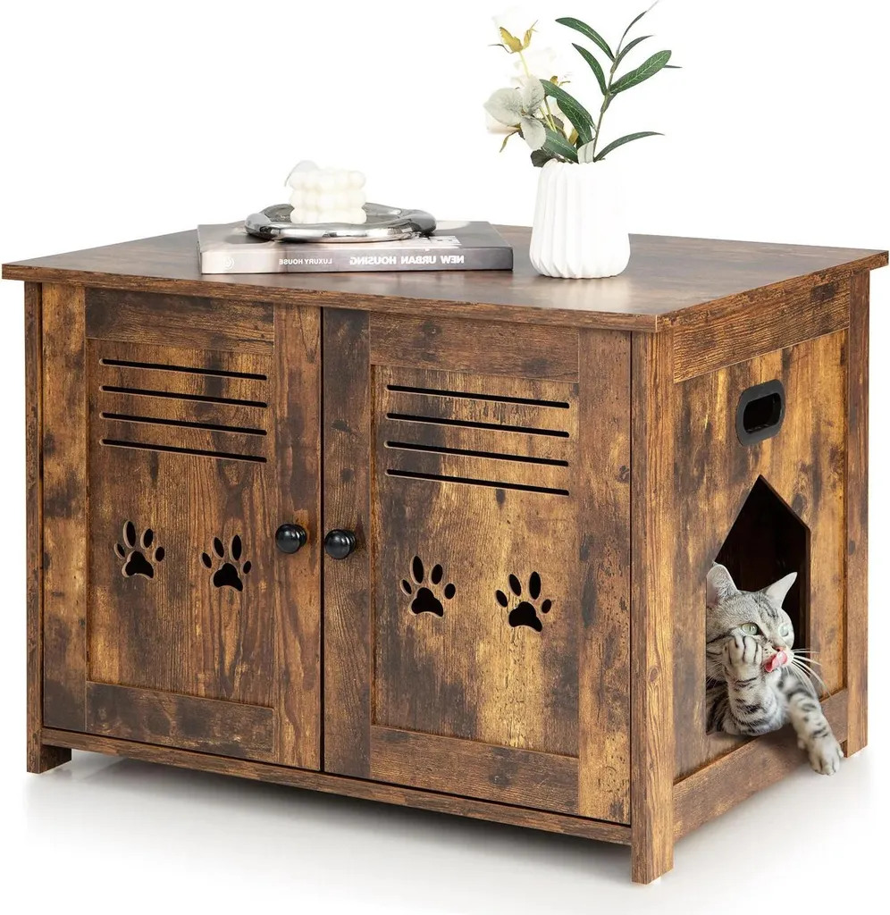 Armoire pour litière chat aspect bois - Meuble de toilette avec entrée