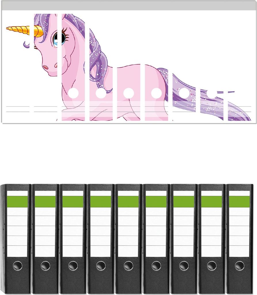 Wallario 9 Stück breite Ordner inkl. Klebeetiketten mit Motive Einhorn in rosa mit Schweif in lila - Set mit Rückenschildern / Ordnerrücken Sti...