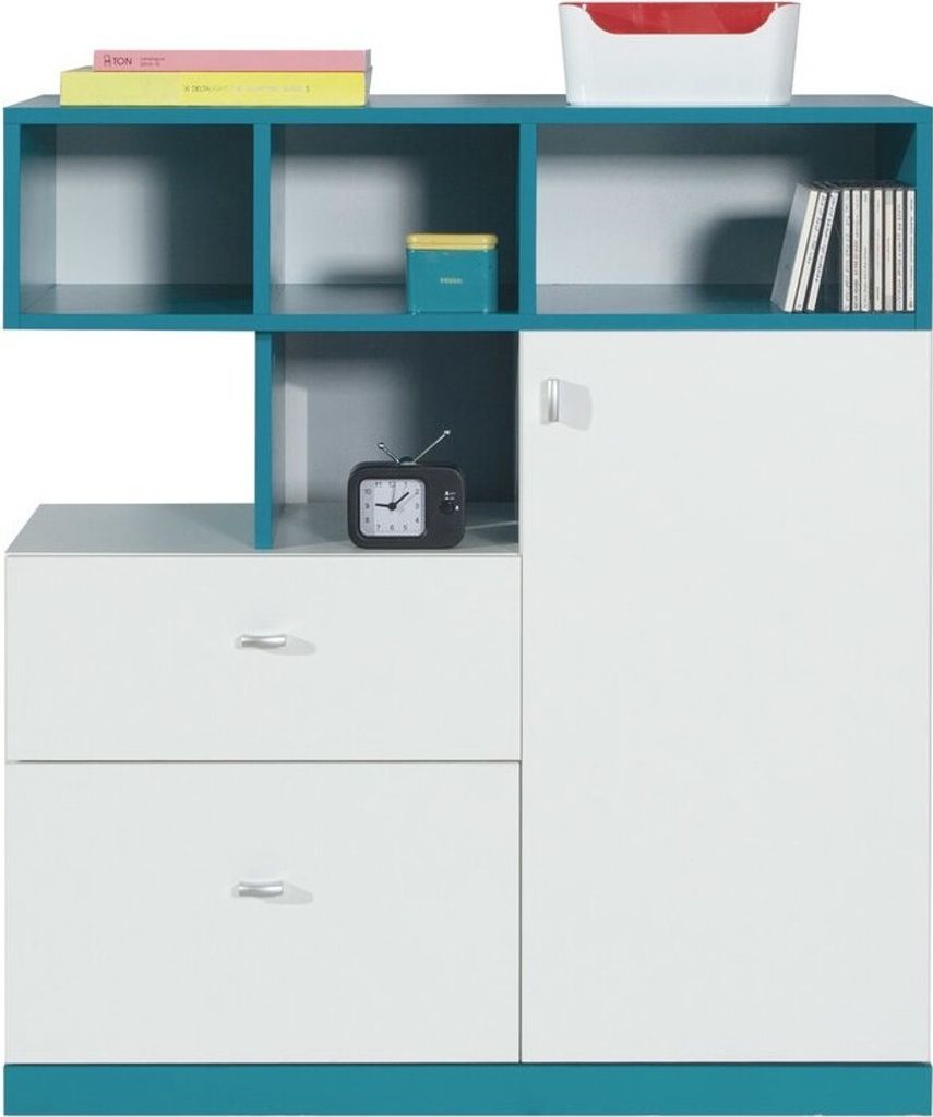 Furniture24 Kommode MOBI MO9 mit Türen und 2 Schubladen Weiß/Türkis