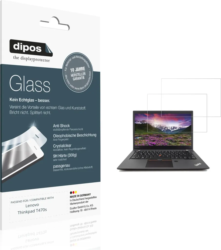Protezione Schermo Lenovo T470s: 2 Pellicole dipos Vetro 9H Flessibile