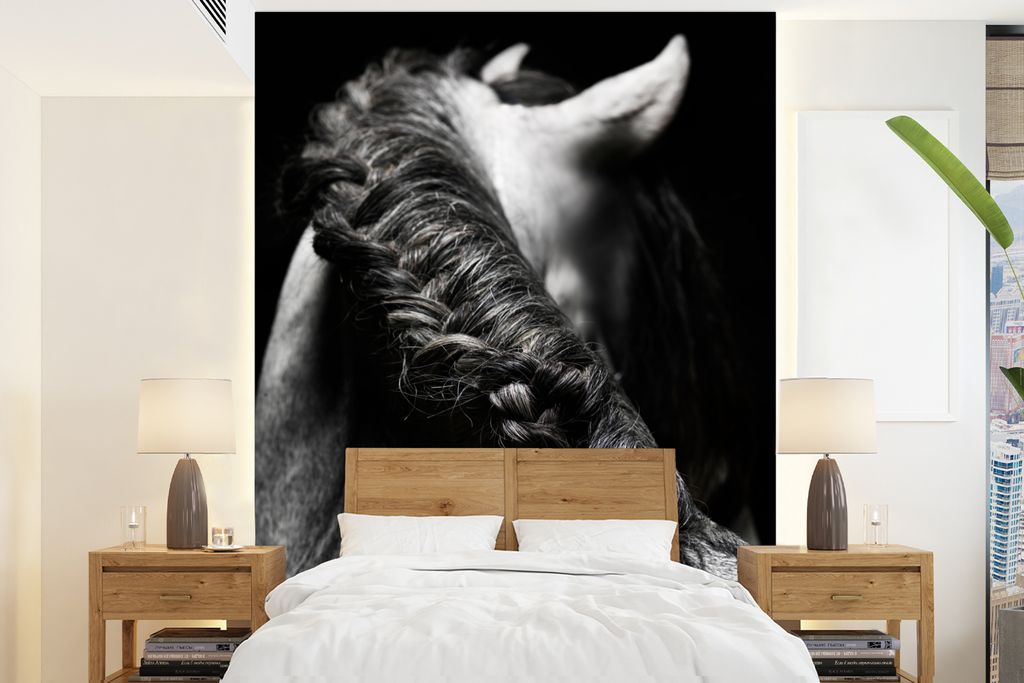 MuchoWow Fototapete für Wohnzimmer oder Schlafzimmer Wandtapete Vinyl Motivtapete Pferd - Zöpfe - Schwarz und weiß - 160x220 cm - Bildschirmhi...