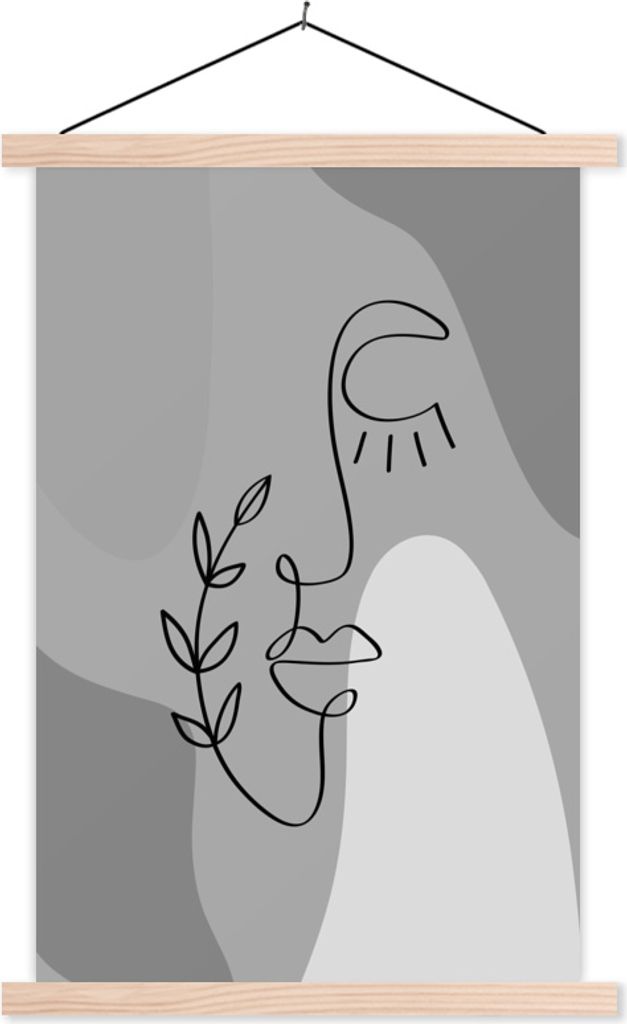 MuchoWow Textilposter Minimalismus - Porträt - Schwarz - Weiß 40x60 cm mit holzfarbenen Rahmen - Poster
