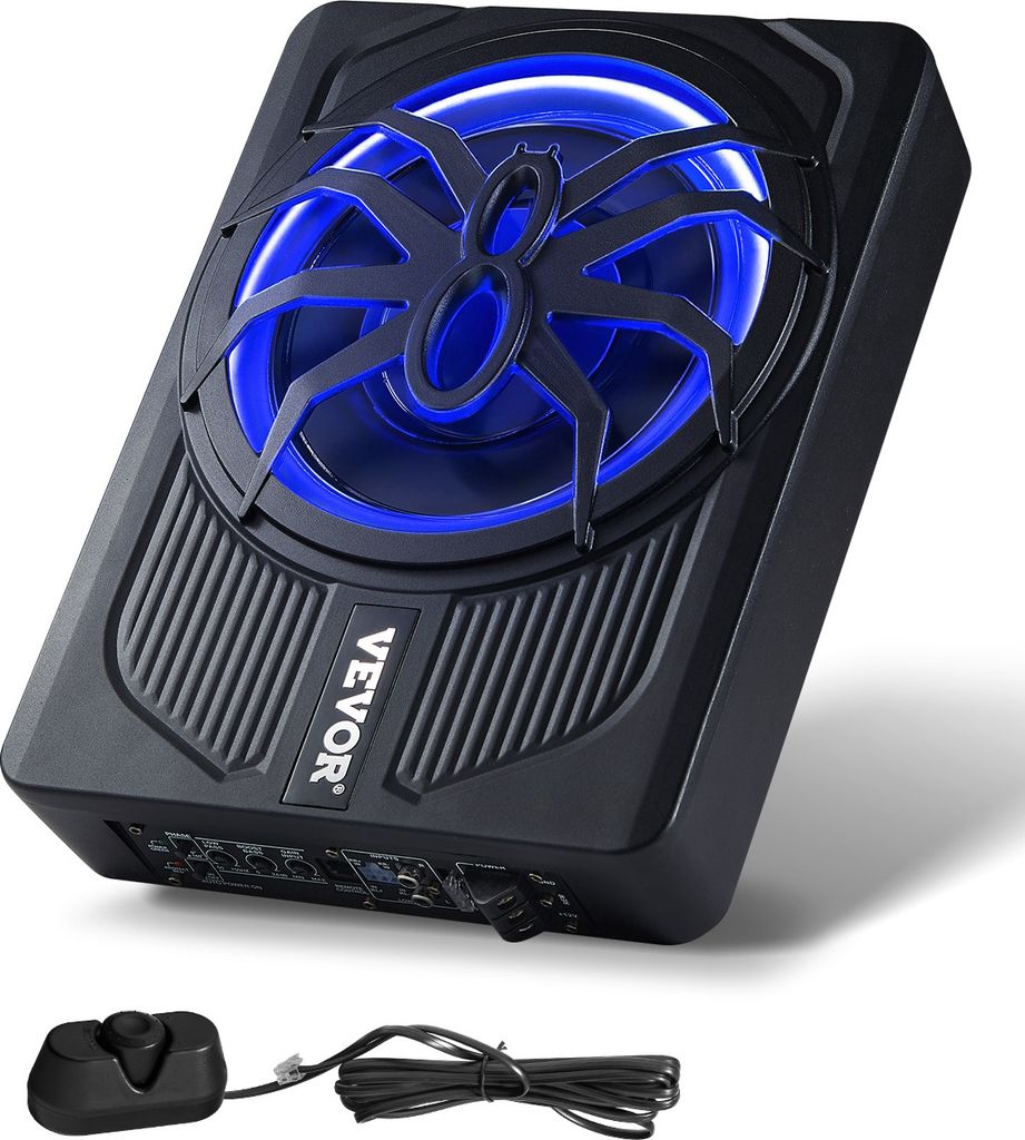 A black under-seat car subwoofer with blue LED lighting and a spider-like design on the grill.