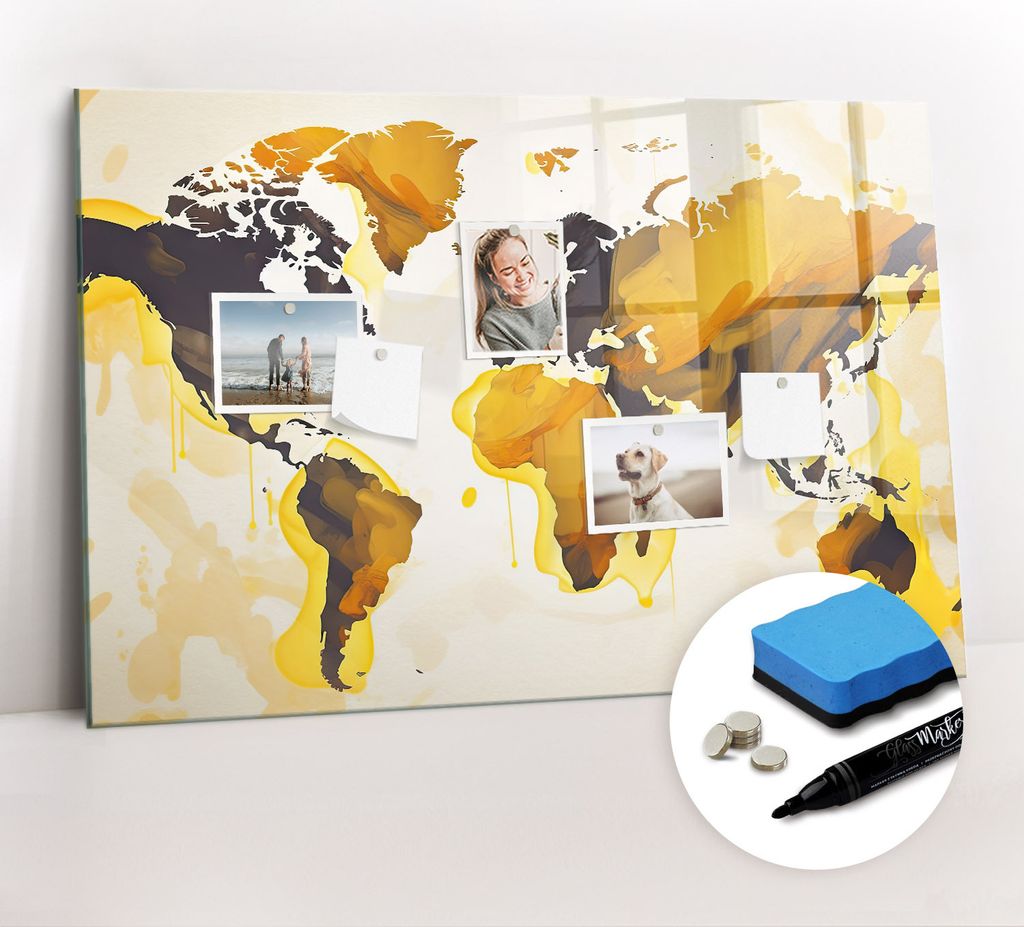 Magnetpinnwand Memoboard - Zubehörsatz - Schwarzer Marker + Schwamm + Magnete - 90 x 60 cm - Abstraktion einer Weltkarte