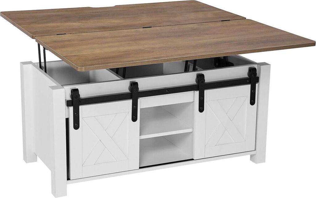 1000 mm hoher Couchtisch im Landhausstil mit Klappplatte, rustikaler Mitteltisch mit Scheunentür und verstecktem Stauraum, moderne rechteckige Kla...