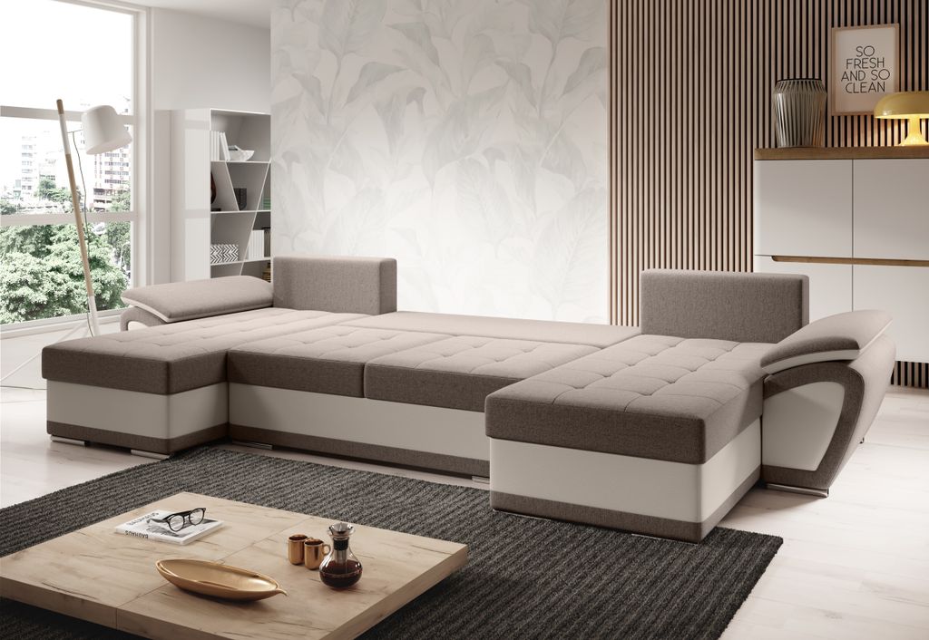 MODERNO Ecksofa mit Schlaffunktion ENZO U, Schlafcouch Wohnlandschaft, Beige