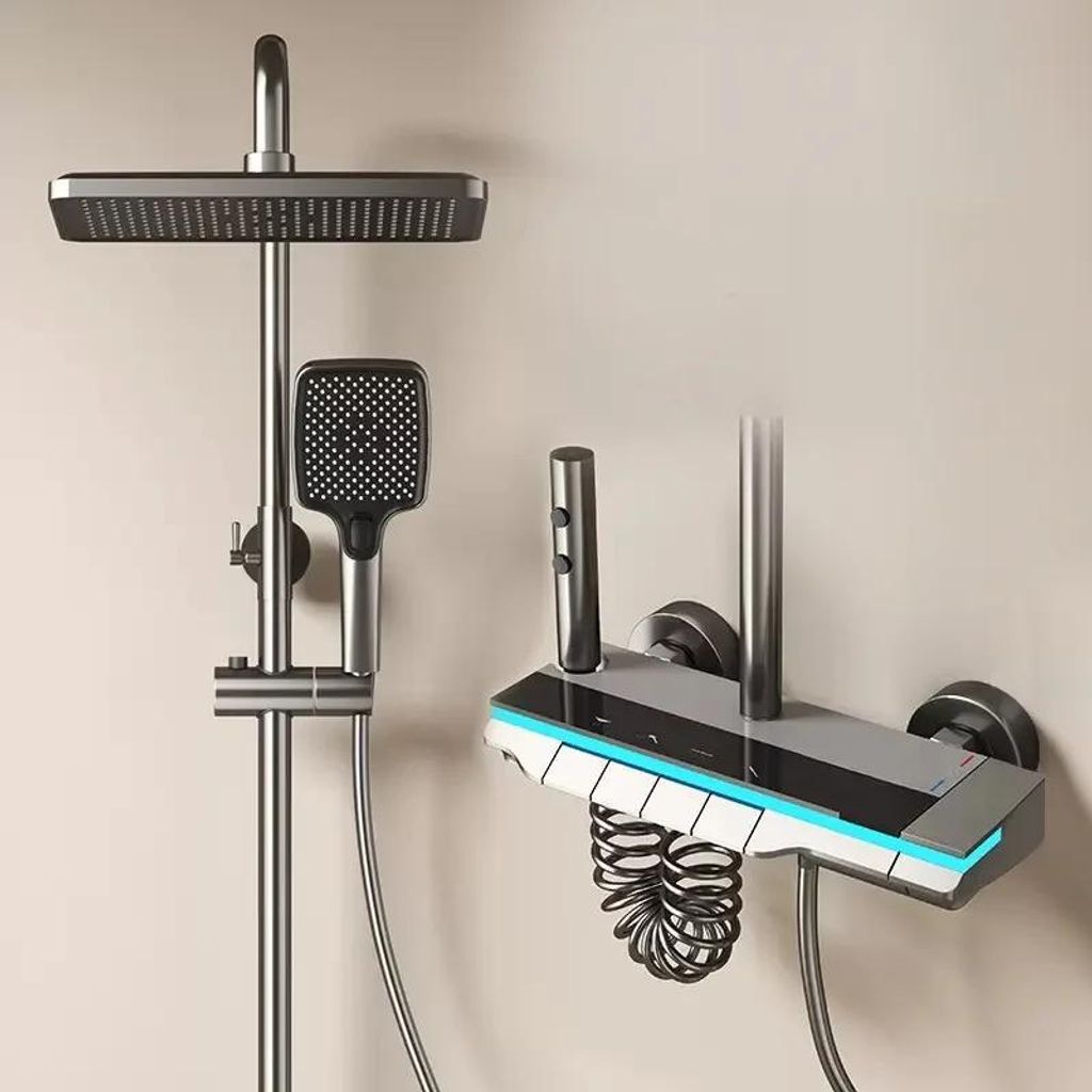 Badezimmer Duschset - Thermostatisches Duschsystem mit Wannenarmatur - LED-Display - Spiegelglanz Messing - Galvanisiert - Grau