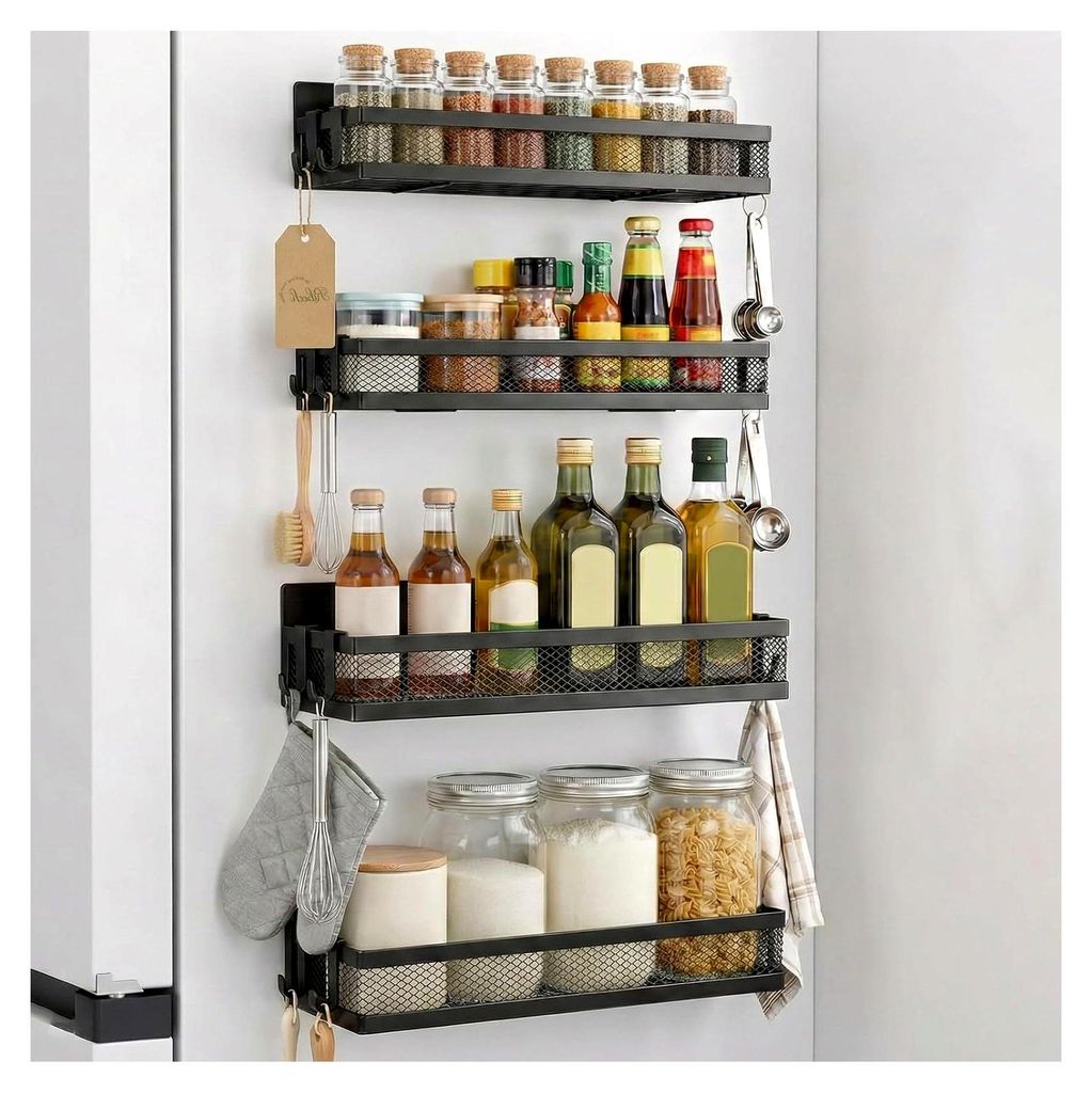 Magnetisches Regalset für Kühlschrank, 4 Teile mit 8 Haken – Magnet-Organizer ohne Bohren für Küche, Gewürze und Aufbewahrung