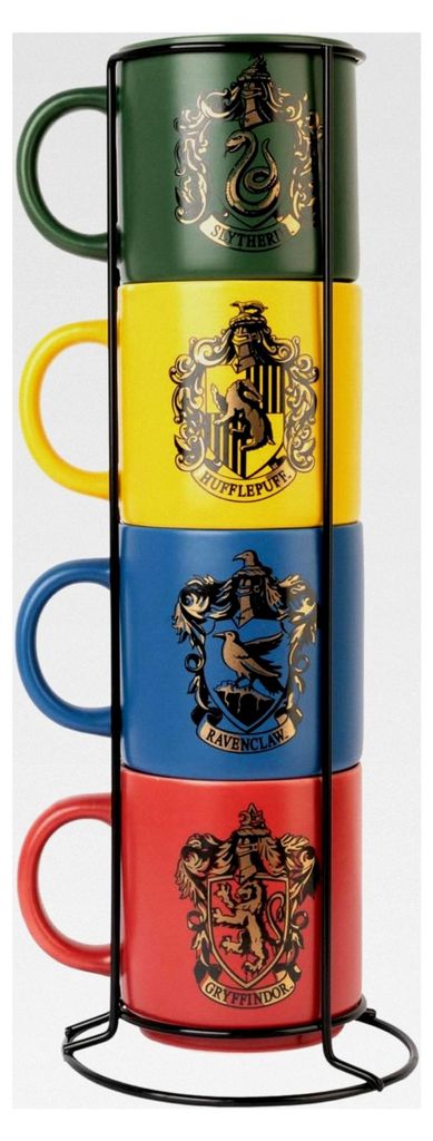 Harry Potter Tassen Set 4er Hogwarts Häuser - Keramikkaffeebecher Gryffindor, Slytherin, Ravenclaw und Hufflepuff - 300 ml, Bunt