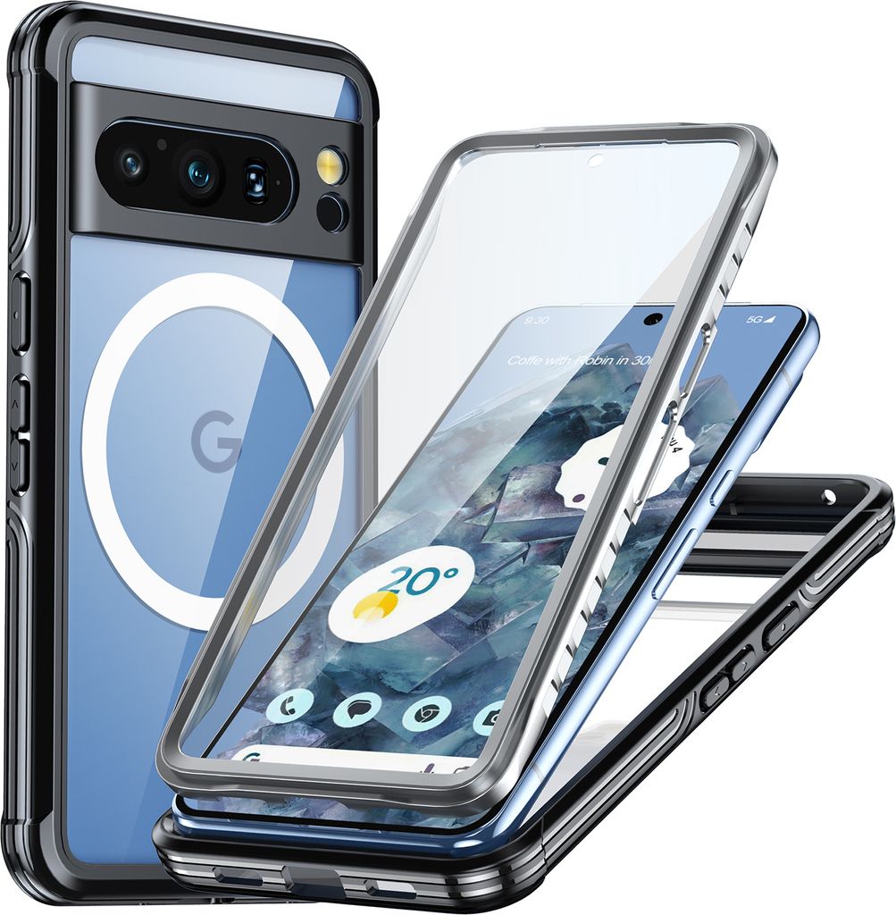 Handyhülle für Google Pixel 8 Pro Kompatibel mit Magsafe, 360 Grad Ganzkörper Schutzhülle Transparent Rückseite mit integriertem Displayschutz...