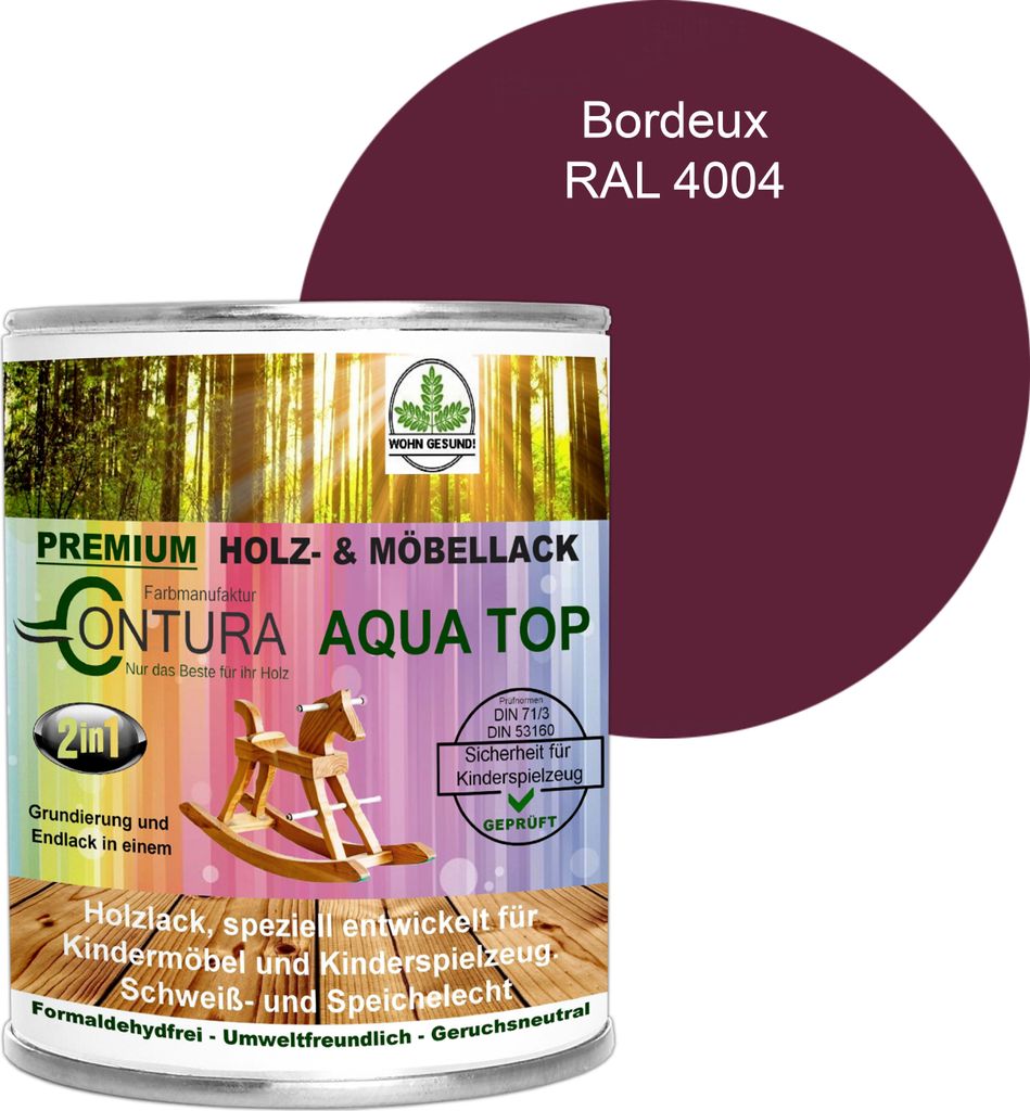 Contura 750ml. Möbellack Lack für Kinderspielzeug Buntlack DIN EN71/3 Buntlack Holzlack - RAL 4004 Bordeaux