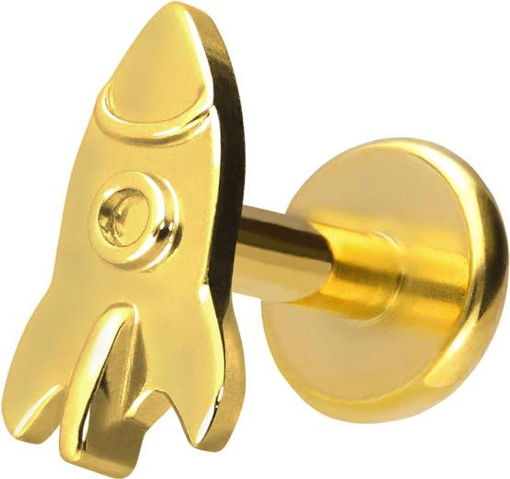 Ohrpiercing, Nasenpiercing Titan Labret mit Push Fit RAKETE Gold Stablänge: 5mm | Stabstärke: 1,2mm