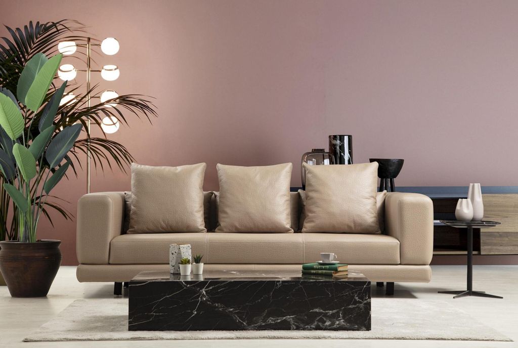 Dreisitzer Couch Beige Sofa 3 Sitzer Polstersofa Modern Kunstleder