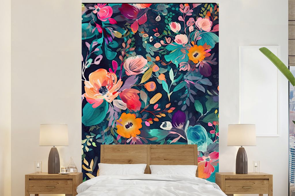 MuchoWow Fototapete für Wohnzimmer oder Schlafzimmer Wandtapete Vinyl Motivtapete Bunt - Blumen - Kunst - Natur - Hippie - 195x300 cm - Das Hint...