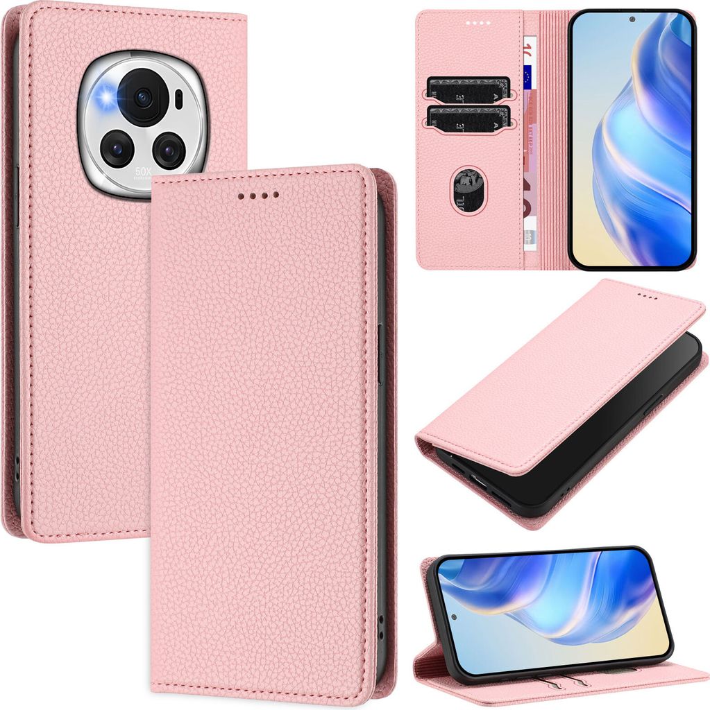 Litchi Leder Handyhülle für Honor Magic6 Wallet Kartenfächer Standfunktion Hülle Pink