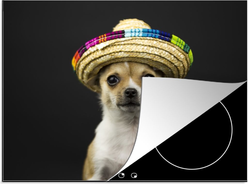 KitchenYeah Herdabdeckplatte Hund - Sombrero - Schwarz , 71x52cm, Küche Deko, Glaskeramikfeld Herdabdeckung, Abdeckplatte fùr Kochfeld