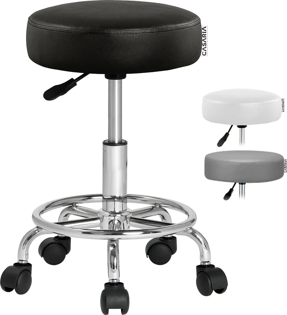 CASARIA Tabouret à roulettes réglable 51-65cm noir assise pivotante 360°