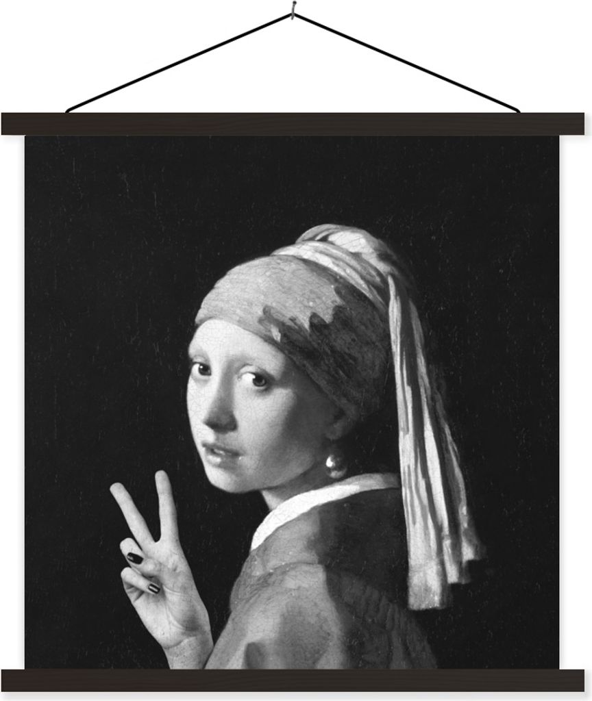 MuchoWow Textilposter Das Mädchen mit dem Perlenohrring - Johannes Vermeer - Schwarz und weiß 120x120 cm mit schwarzem Rahmen - Aufhängungsset