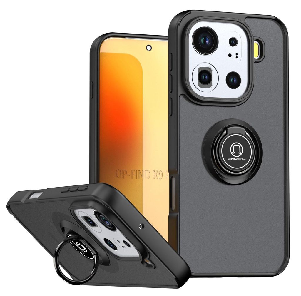 Hülle für Oppo Find X9 Pro Matte Transluzent TPU Stoßfest Schutzhülle mit Ring Halter Ständer Schwarz