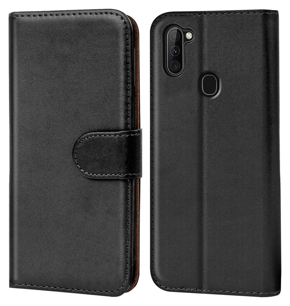 A black flip case for a Samsung Galaxy M11 phone is shown, with the case open and closed.